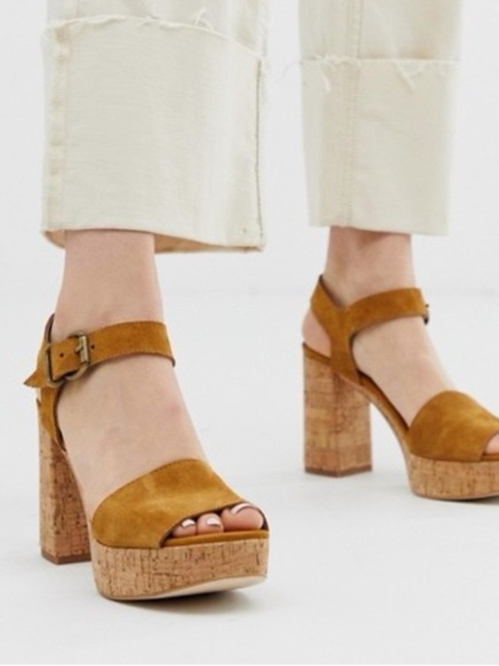 Free People Camel Suede Cork Platform Sandals